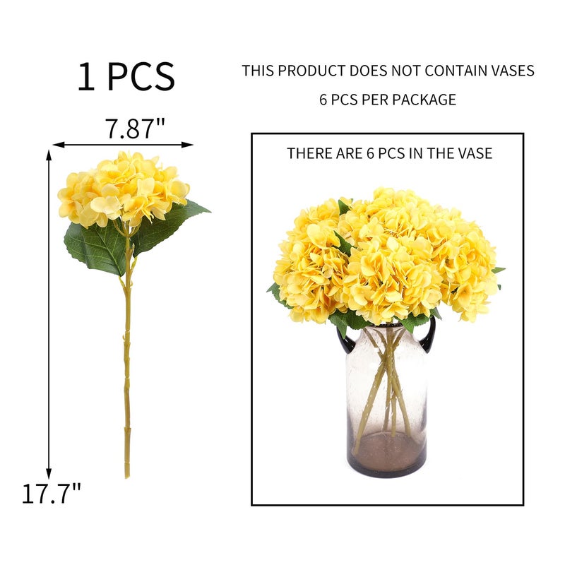 Kimura's Cabin 6pcs Yellow Fake Flowers Faux Hydrangea Flower Artificial Silk Hydrangeas Bouquets with Stems for Home Wedding Baby Shower Birthday Party Festive Decoration (Yellow) - Image 2